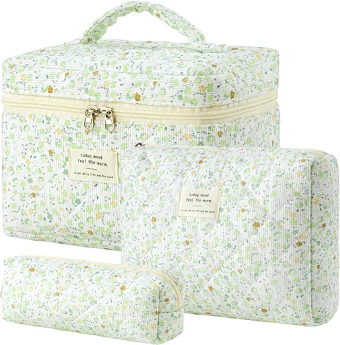 Vista 15 de HBselect Bolsa de Maquillaje Acolchada, 3 Piezas de Gran Bolsa de Maquillaje de Viaje de Algodón, Linda Bolsa de Maquillaje Floral Coquette, Bolsa