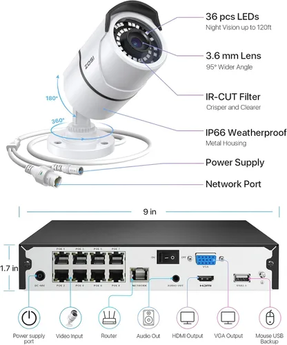 Vista 8 de ZOSI Sistema de cámara de seguridad para el hogar 8CH 4K PoE con 2TB HDD 4 cámaras de metal IP PoE resistentes a la intemperie de 5 MP, visión
