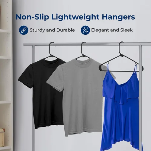 Vista 4 de SereneLife - Juego de 10 perchas de plástico con gancho de metal, color negro Non-Slip, Lightweight hangers with a slim profile help keep closets