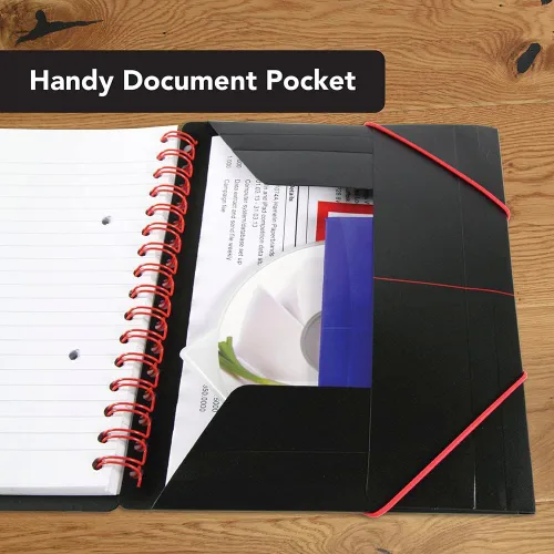 Vista 4 de Oxford Black n' Red - Cuaderno de reuniones con tapa de polietileno A5+ con tapa de alambre, a rayas con margen, incluye sobre de almacenamiento