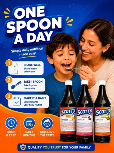 Vista 8 de SCOTT'S EMULSION Aceite de hígado de bacalao líquido para niños, sabor a cereza, apoya el crecimiento, la inmunidad y la salud ósea, rico en omega 3