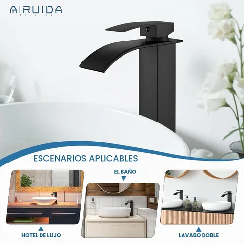 Vista 5 de Airuida Grifo de fregadero de recipiente, grifo de cascada alto negro sin