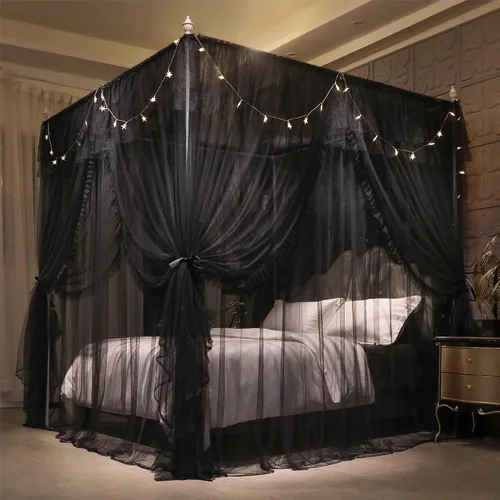 Vista 3 de VETHIN Cortina de Dosel de Cama de Princesa con Volantes de 4 Postes de Esquina - Red de Tul de Doble Capa Acogedora con 4 Aberturas, Mosquitera