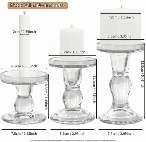 Vista 2 de GUTE - Portavelas de cristal, 3 piezas, candelabros transparentes para decoración de mesa