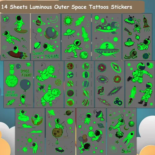 Vista 3 de CHARLENT Tatuajes luminosos del espacio exterior para niños, 14 hojas que brillan en la oscuridad, astronauta, planeta, tatuajes temporales