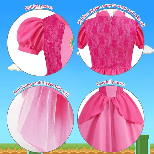 Vista 3 de ICECUTE Vestidos de princesa melocotón para niñas, disfraz de princesa melocotón margarita, disfraces de Halloween con accesorios