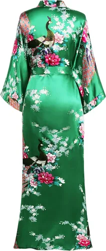 Vista 2 de BABEYOND Bata tipo kimono para mujer, bata larga de satén con estampado de pavo real y flores Verde