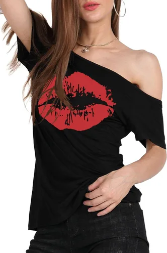 Vista 4 de MAGICMK - Camiseta casual para mujer, con estampado de labios y hombro descubierto, talla extragrande