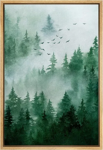 Vista 12 de SIGNWIN Lienzo enmarcado para pared, decoración de guardería de bosques, pájaros voladores, acuarela, montaña, bosque, naturaleza, arte moderno