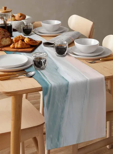 Vista 6 de Camino de mesa de playa de verano de 70 pulgadas de largo, bufandas de vestir estilo granja, náutico oceánico, costero, auqa, beige, mesa de comedor
