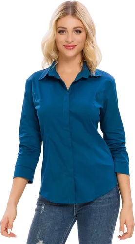 Vista 10 de Camisas con botones para mujer, oficial, formal, manga 3/4, color blanco, elástica, camisa de vestir de verano