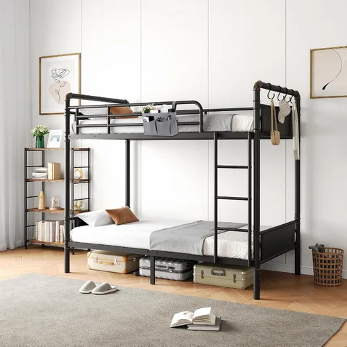 Vista 9 de Jocoevol Litera Doble sobre Doble, literas de metal resistente con escalera y barandilla de longitud completa, convertible en 2 camas individuales