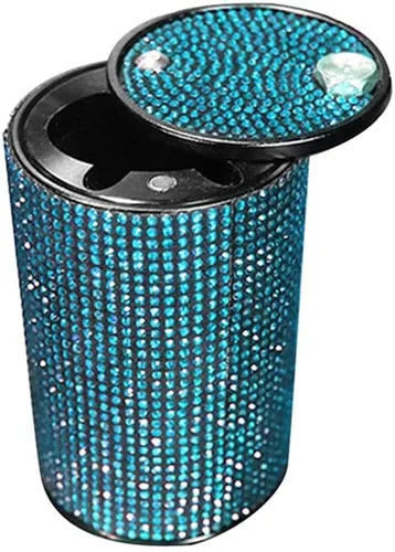Vista 13 de Cenicero portátil con tapa, a prueba de olores, cenicero de automóvil de diamantes de cristal para mujeres, mini bote de basura ideal para Negro