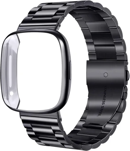 Vista 2 de ZPJPPLX para Fitbit Versa 4/Sense 2, Correa de Muñeca de Acero Inoxidable Sólido con Funda de Reloj, para Versa 3/Sense Correas de Repuesto de Metal