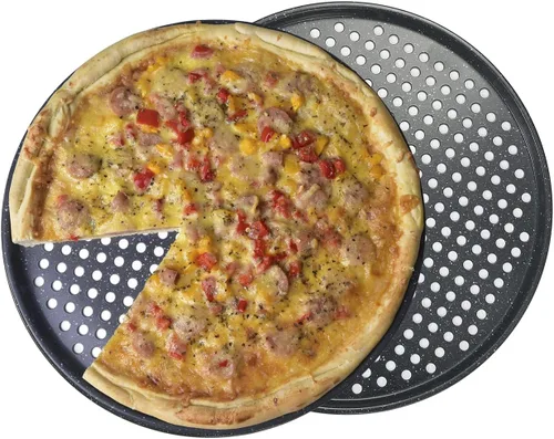 Vista 2 de Monfish Sartén para pizza de 14 pulgadas con agujeros, paquete de 2 bandejas de pizza perforadas, bandeja para pizza de acero al carbono, sartén
