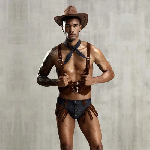 Vista 2 de Conjunto de lencería sexy de vaquero para hombre, disfraz de uniforme retro para juego de roles