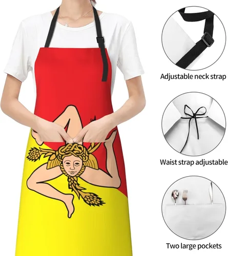 Vista 4 de Delantales de bandera de Sicilia para hombres y mujeres con bolsillos, delantal ajustable resistente al agua y al aceite para cocinar, cocina
