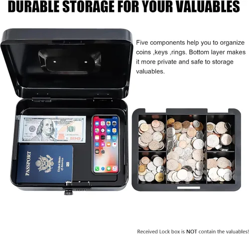 Vista 7 de KYODOLED Caja de bloqueo grande con bandeja de dinero,Caja de almacenamiento con cerradura,Caja de metal segura para dinero