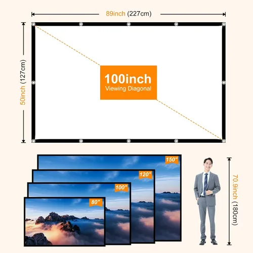 Vista 2 de Pantalla de proyector al aire libre Película de 100 pulgadas: Pantallas de proyección portátiles 4K HD Plegable Interior Colgante Pared Anti-Crease