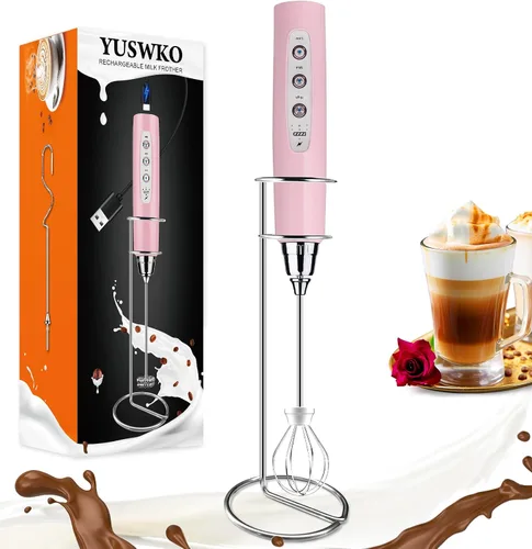 Vista 31 de YUSWKO Baby Blue - Varita espumadora de leche de mano para café, batidor eléctrico recargable con 3 cabezales, 3 velocidades, mezclador de bebidas