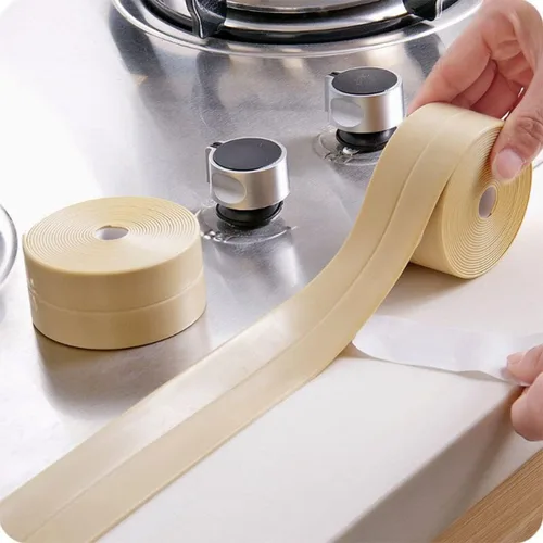 Vista 2 de Queenbox Cinta selladora de cinta de calafateo de 0.8 x 39.4 pulgadas, cinta de sellado autoadhesiva impermeable para protector de borde de Beige