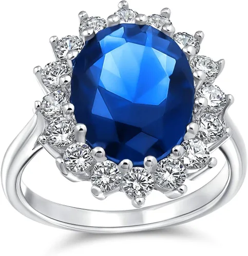 Vista 30 de Anillo de compromiso de plata de ley 925 personalizable con halo de corona ovalada de 5 a 7 quilates con circonita cúbica simulada de zafiro azul