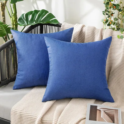 Vista 11 de MIULEE - Paquete de 2 fundas de almohada decorativas para exteriores, impermeables, sólidas, de imitación de lino, para jardín, casa de campo, Azul