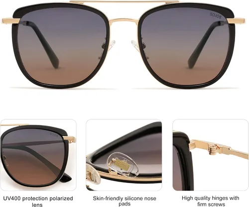 Vista 4 de SOJOS Gafas de sol polarizadas cuadradas estilo aviador retro para mujeres y hombres, gafas de sol vintage para mujer, UV400 SJ2180