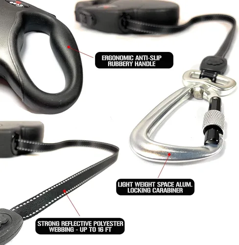 Vista 4 de Enthusiast Gear Correa retráctil para perros grandes y medianos con mosquetón de bloqueo Correa de poliéster reflectante fuerte de 16 pies, 1