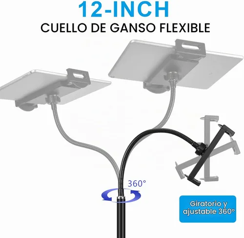 Vista 4 de Soporte de suelo para tableta con base de doble peso, soporte de metal giratorio de 360 grados con soporte flexible de cuello de cisne de brazo