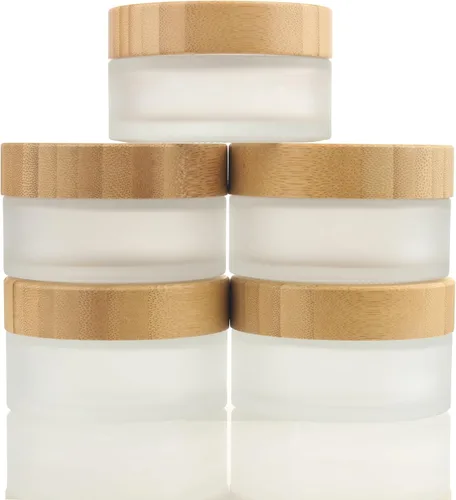 Vista 11 de COSIDEA 18 frascos vacíos de vidrio transparente redondos de 1.7 onzas fluidas con tapas de bambú, tarro de crema de madera, recipientes de viaje