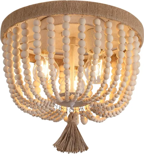 Vista 11 de AMZASA - Lámpara colgante enchufable estilo bohemio con cuerda de cáñamo tejida, perlas de madera, lámpara colgante rústica para casa de campo