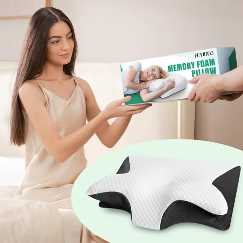 Vista 9 de Almohada cervical de espuma viscoelástica, almohada ergonómica 2 en 1 de apoyo para el cuello con reposabrazos y orificio para las orejas, almohada