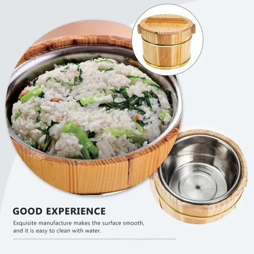 Vista 4 de SHOWERORO Cubo de arroz de madera con tapa, 6.3 x 4.7 x 4.3 pulgadas, cuenco de arroz para sushi estilo japonés y bañera mezcladora Bibimbap plato