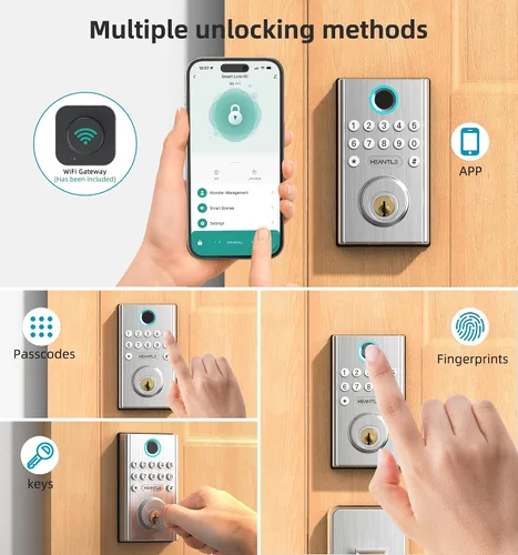 Vista 3 de Juego de cerradura de puerta inteligente WiFi: cerrojo de entrada sin llave HEANTLE con asa, cerrojo de huella dactilar, teclado digital