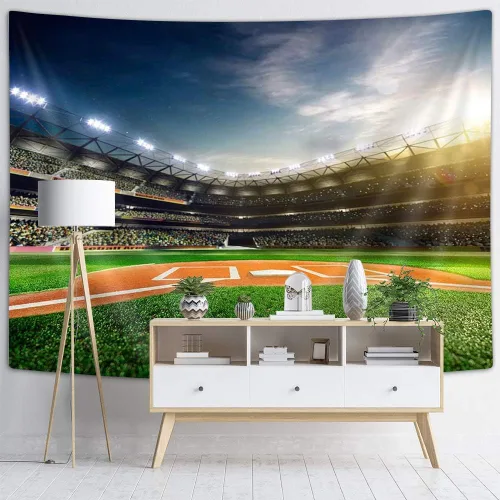 Vista 3 de Tapiz de campo deportivo para colgar en la pared, arte profesional de béisbol Grand Arena a la luz del sol, manta de pared, toallas de playa