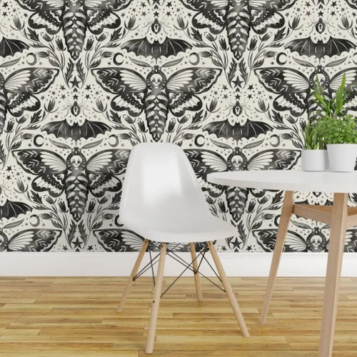 Vista 3 de Muestro de papel tapiz extraíble – Acuarela Cráneo Polilla Damasco Negro Blanco Flor Estrellas Elegante Tinta Magia Papel pintado personalizado