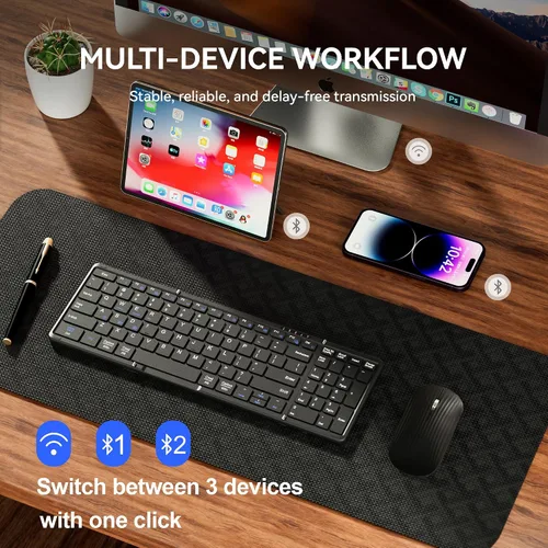 Vista 2 de Teclado y mouse plegables, combo de teclado Bluetooth inalámbrico plegable recargable USB-C, teclado y mouse de viaje portátil de tamaño completo