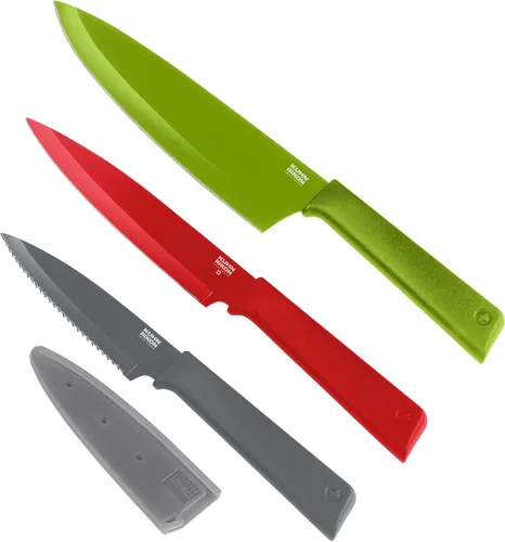 Vista 8 de Kuhn Rikon COLORI+ Juego de cuchillos mixtos con revestimiento antiadherente y fundas de seguridad, juego de 5, fucsia, azul, gris grafito, verde