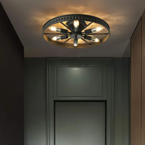 Vista 4 de Lámpara de techo con rueda de carro, 6 luces rústicas de estilo rústico semiempotrado, lámpara de techo industrial para cocina, isla, comedor
