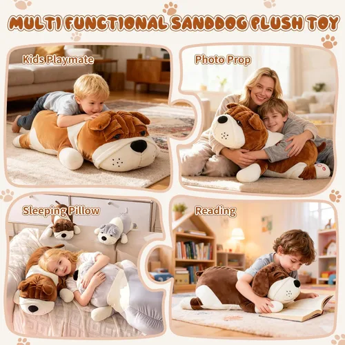 Vista 6 de Animales de peluche de perro, Bulldog de peluche marrón de 17.7 pulgadas, animales de peluche grandes, regalos de Navidad y cumpleaños para niños