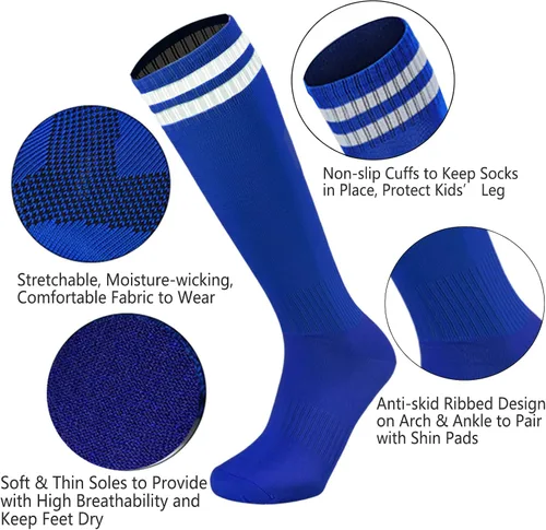 Vista 3 de 6 pares de calcetines de fútbol para niños y jóvenes a rayas sólidas hasta la rodilla, calcetines deportivos de fútbol para niños y niñas de 6 a 12