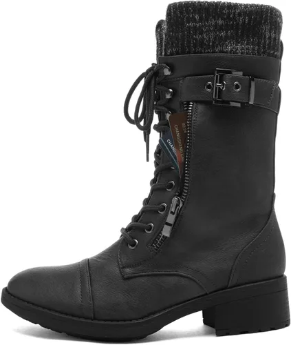 Vista 2 de DREAM PAIRS Botas militares de invierno con cordones a media pantorrilla para mujer