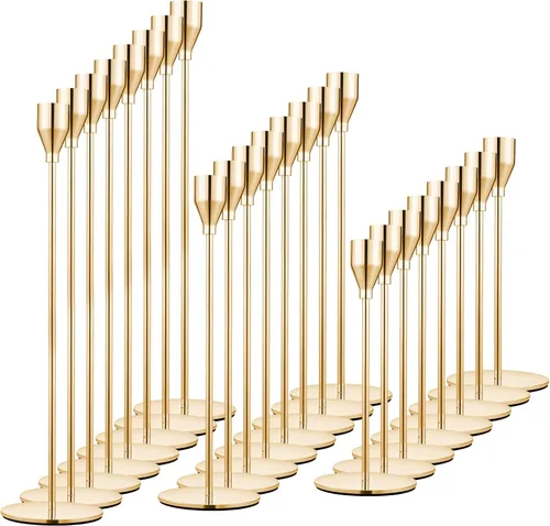 Vista 11 de Juego de 6 portavelas dorados para velas cónicas, portavelas de metal dorado decorativo para bodas, cenas, fiestas, decoración del hogar, se adapta