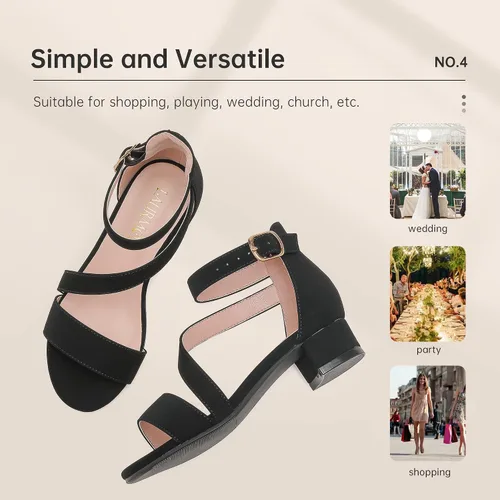 Vista 8 de Sandalias para niñas con tacón para niños con punta abierta y correa de tobillo, zapatos de vestir con flores para bodas y fiestas para niños