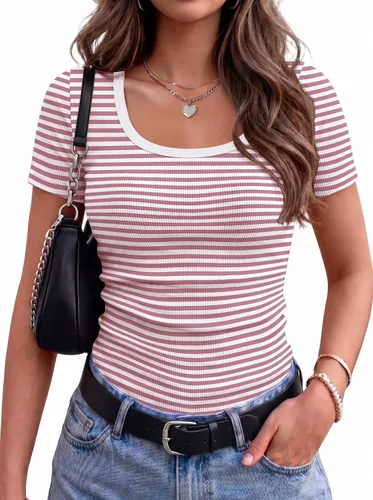 Vista 16 de Zeagoo Camiseta básica de manga corta para mujer, de punto acanalado Negro blanco (Black White Stripes)