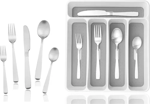 Vista 14 de JASHII - Juego de cubiertos con bandeja, 20 piezas de acero inoxidable cuadrado cubiertos servicio para 4, acabado mate, utensilios de alimentación