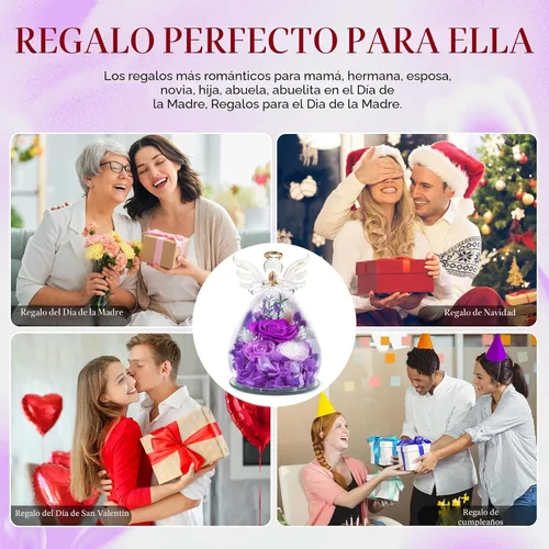 Vista 6 de Regalos para mamá, regalos de cumpleaños para mujeres, rosa preservada para siempre, flor en cristal, figuras de ángel, flores frescas para entrega