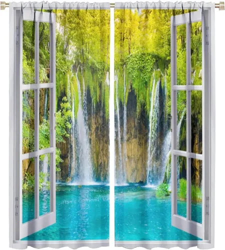 Vista 65 de Cortinas de paisaje, ventana tropical con vista al mar, océano, playa, barco, cortinas con estampado de palmeras para dormitorio, sala de estar, Mar