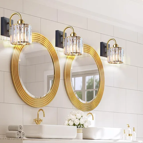 Vista 6 de Luz de tocador de baño dorada - Accesorio de luz de baño de cristal sobre espejo
